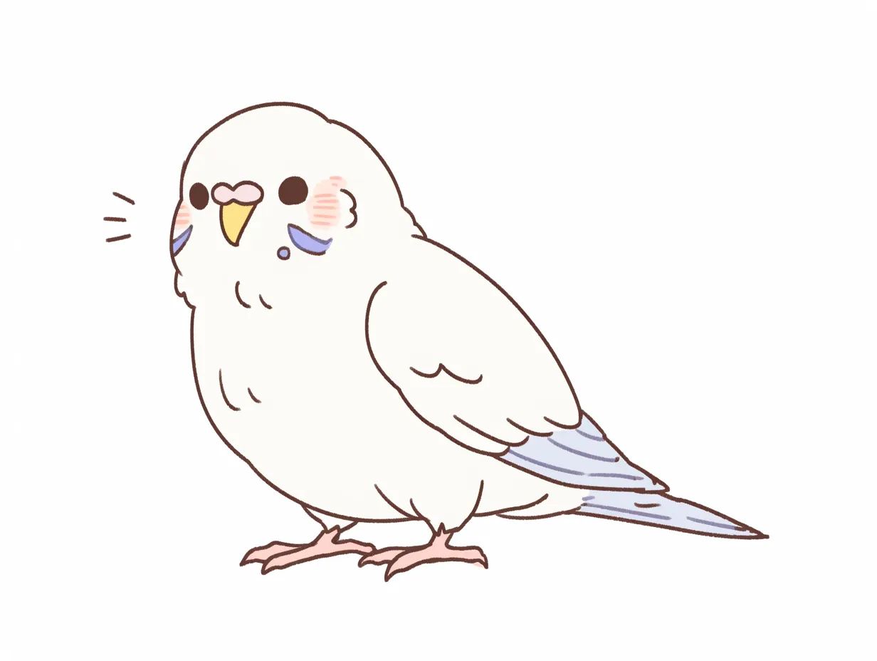 ゆるいセキセイインコの微笑む表情｜やわらかな表情を浮かべたゆるいセキセイインコが丁寧に描かれており、温かみと可愛らしさが伝わります。資料やWebページの挿絵に用いれば、見る人に安心感を届けるビジネス写真素材として活用可能です。