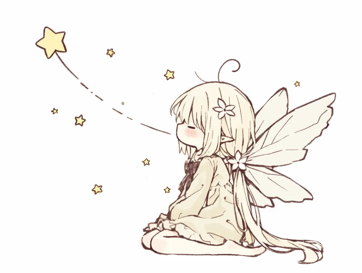 星を見つめるゆるい妖精の横顔イラスト｜繊細な線画と淡い色使いで描かれたゆるい妖精が星を見上げる横顔シーンの素材です。幻想的で温かみのある印象を与え、夢や希望を表現するビジネス活用に適しています。