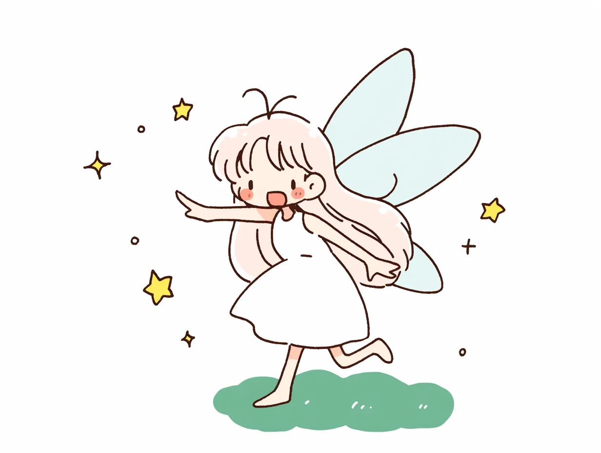 駆け出すゆるい妖精の楽しいイラスト｜ポップな線と明るい色彩で描かれたゆるい妖精が駆け出す姿を表現した素材です。元気で軽快な雰囲気があり、楽しさや活発さを表現したい広告やSNS投稿に最適です。