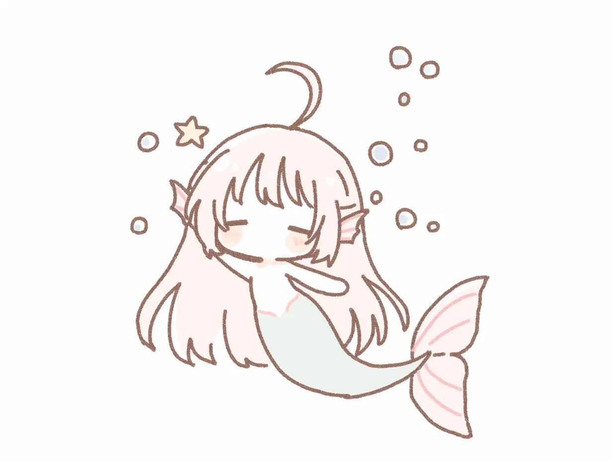 ゆるい人魚のかわいいイラスト1｜やさしい線で描かれたゆるい人魚のイラストです。落ち着いた淡色でまとめられ、ふんわりとした雰囲気が特徴です。癒し系の表現としてビジネス素材に活用しやすいデザインになっています。