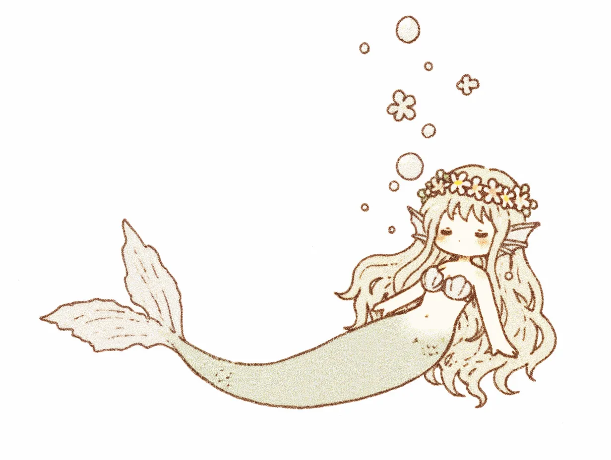 ゆるい人魚のかわいいイラスト2｜繊細なタッチで描かれたゆるい人魚が花飾りをつけて微笑むイラストです。クラシックで温かみのあるトーンが特徴で、広告や冊子のアクセント素材としても親しみやすく使えます。
