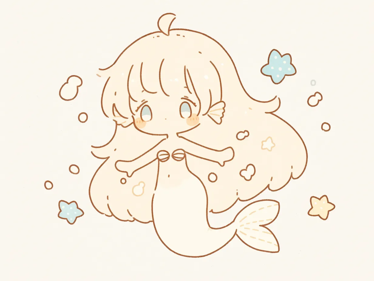 ゆるい人魚のかわいいイラスト3｜丸みのある線とパステル調の配色で表現されたゆるい人魚のイラストです。シンプルながら柔らかい雰囲気を持ち、ビジネスシーンのPOPやSNS投稿に適した可愛らしさがあります。