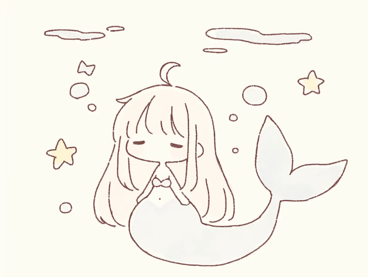 ゆるい人魚のかわいいイラスト4｜控えめな色合いと素朴なタッチで描かれたゆるい人魚のイラストです。穏やかで優しい雰囲気を演出できるため、紙媒体の挿絵や教育関連素材にも活用しやすい表現です。