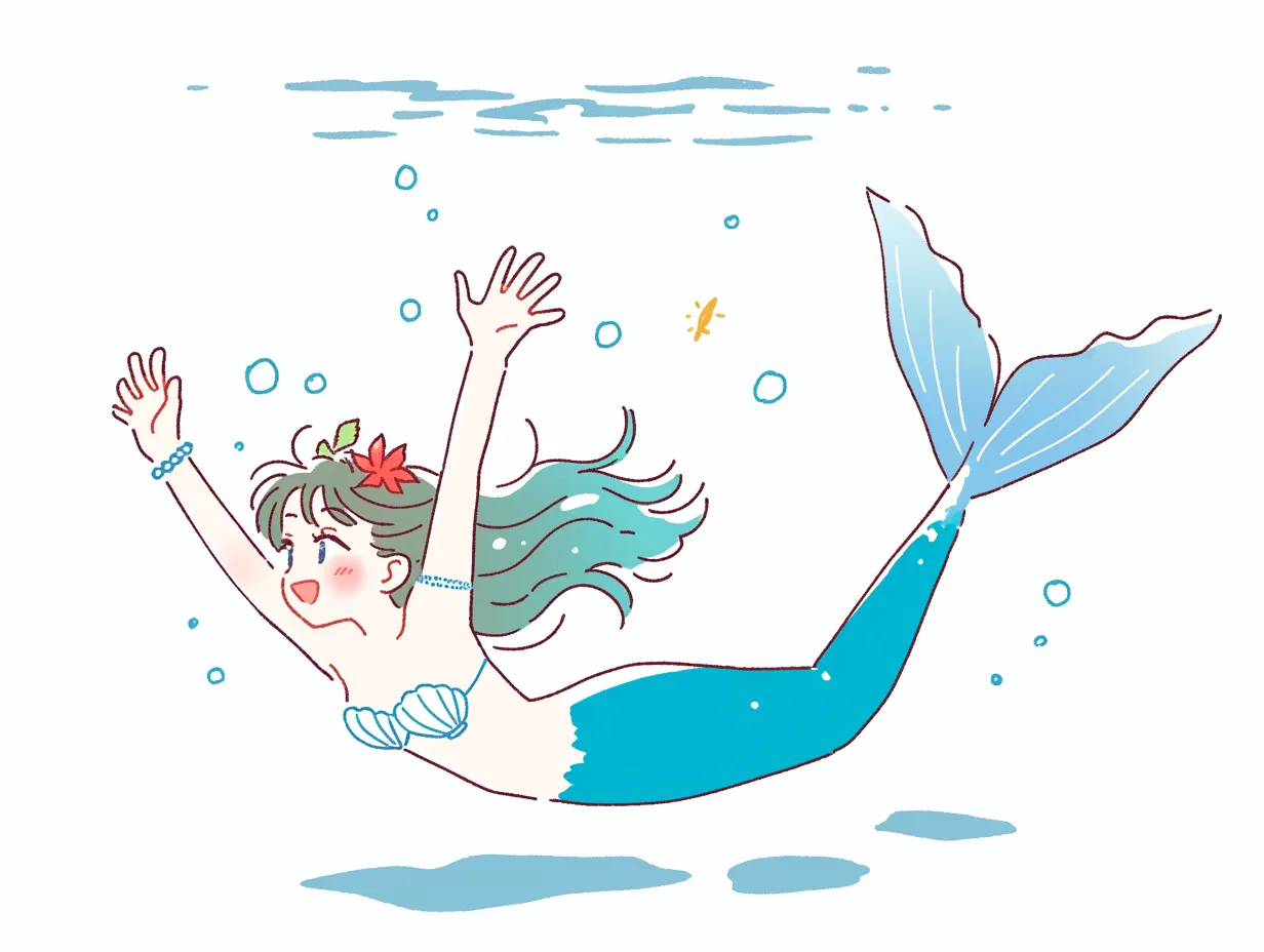 ゆるい人魚のかわいいイラスト5｜明るいブルーを基調とした元気なポーズのゆるい人魚です。活発な表情と動きのある構図が特徴で、プレゼン資料やイベント告知などにインパクトを与える素材になります。