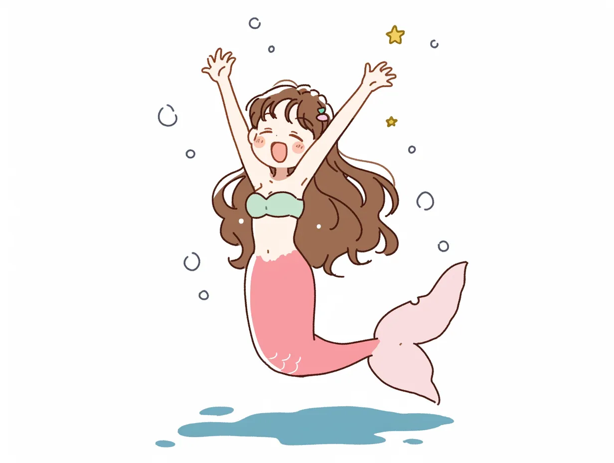 ゆるい人魚のかわいいイラスト7｜華やかなポーズで喜びを表現するゆるい人魚のイラストです。ピンクの尾びれが愛らしく、イベント素材やプロモーションに明るさと楽しさをプラスできるデザインです。