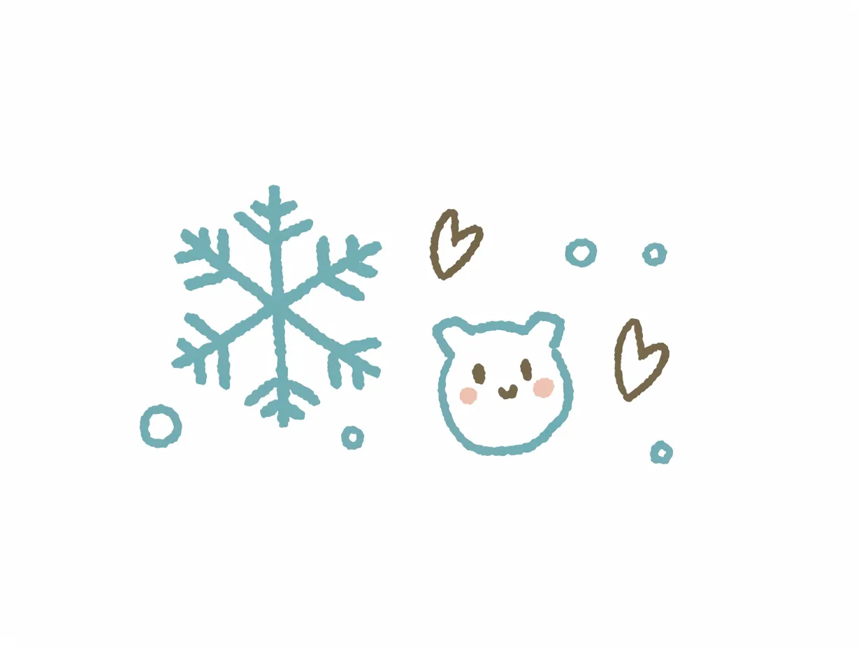 ゆるい雪の結晶と小さな動物イラスト｜手描き感を残したゆるい雪の結晶と小さな動物が並ぶシンプルなイラストです。柔らかい線と余白が可愛らしく、資料や広告のワンポイントに活用できるビジネス写真素材として最適です。