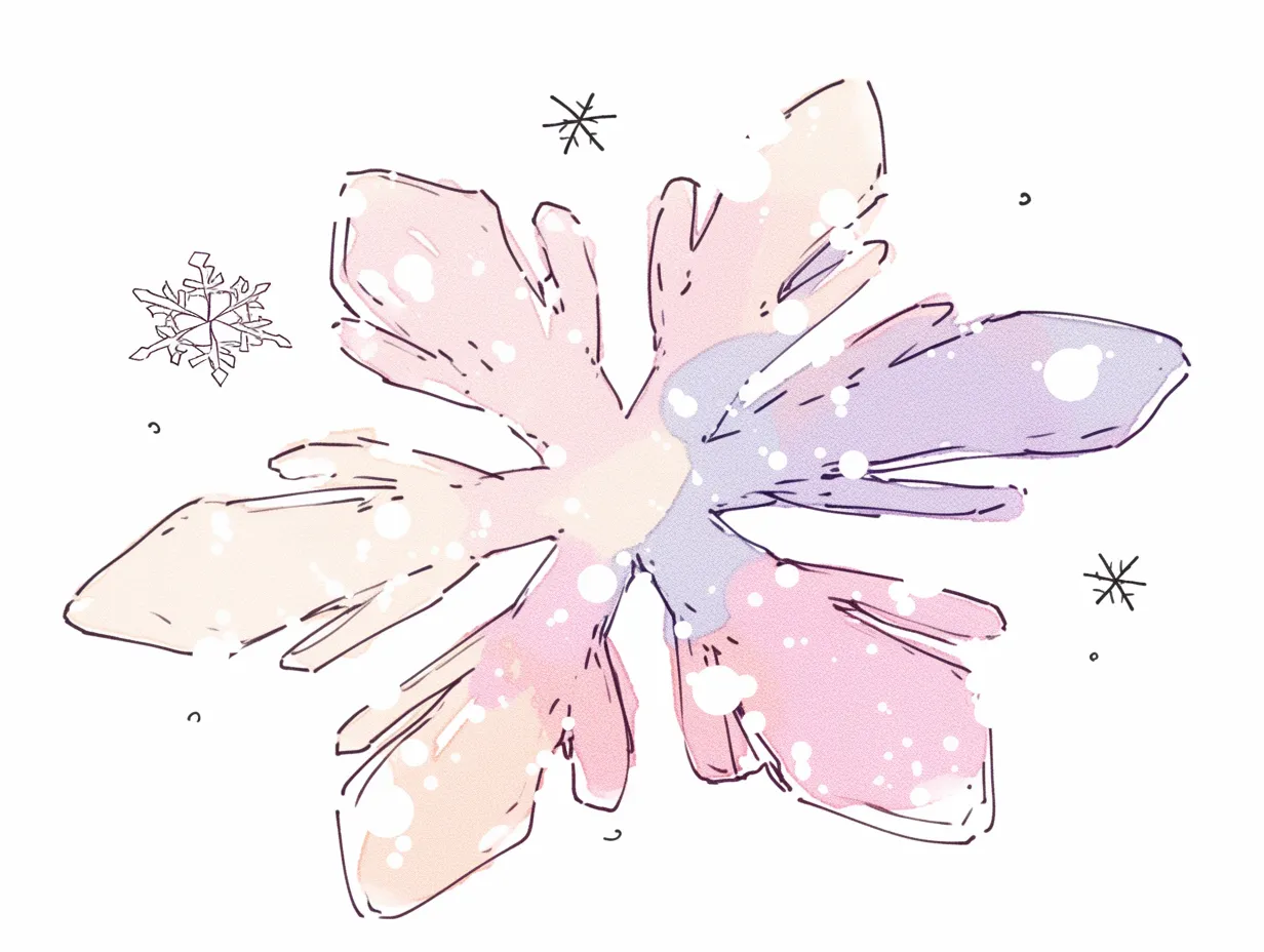 ゆるい雪の結晶の幻想的デザイン｜淡いグラデーションとラフな線が印象的なゆるい雪の結晶イラストです。幻想的な色彩が雰囲気を高め、季節感を伝えるデザイン素材として効果的に使えるビジネス写真素材です。