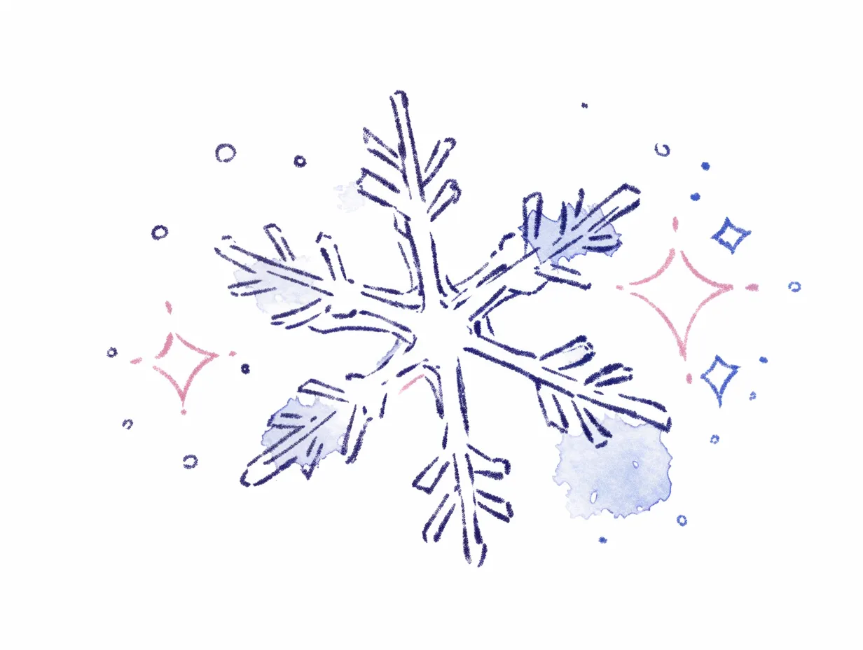 ゆるい雪の結晶の水彩風タッチ｜水彩風の柔らかなタッチで描かれたゆるい雪の結晶イラストです。淡いにじみと繊細な線が温かみを演出し、冬の季節感を伝えるビジネス写真素材として適しています。