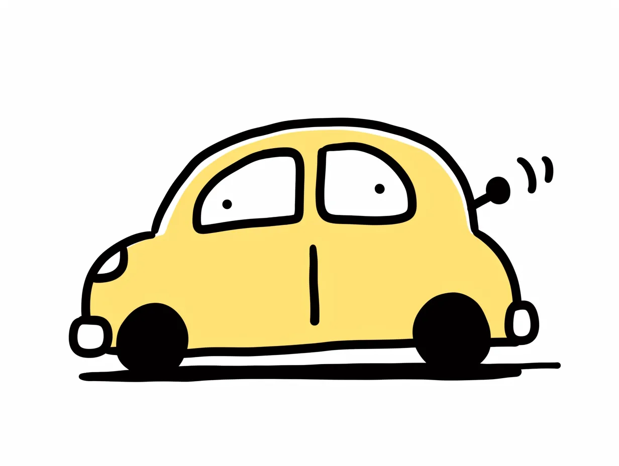 ゆるい車のかわいいイラスト素材1｜ポップな線で描かれたゆるい車のイラストは、黄色の明るいカラーが印象的です。ユーモラスで親しみやすい雰囲気を持ち、子ども向けやビジネスの軽いタッチの資料に活用しやすい素材です。シンプルで直感的なデザインが魅力です。