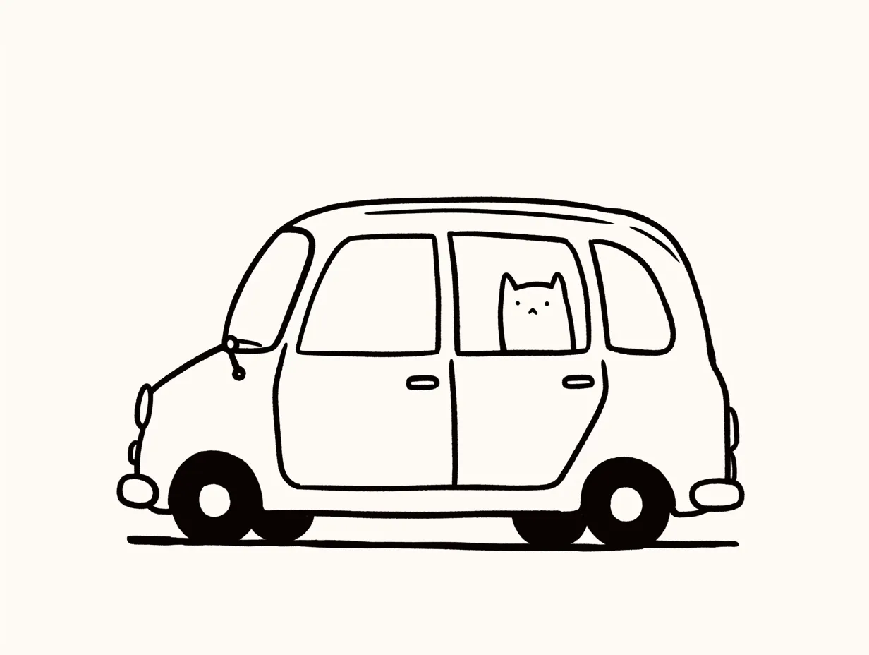 ゆるい車と猫がいるイラスト素材2｜シンプルな線画で表現されたゆるい車のイラストで、窓から顔をのぞかせる猫がアクセントになっています。柔らかく落ち着いたタッチで描かれており、親しみやすさとユーモアを感じさせるビジネス素材です。