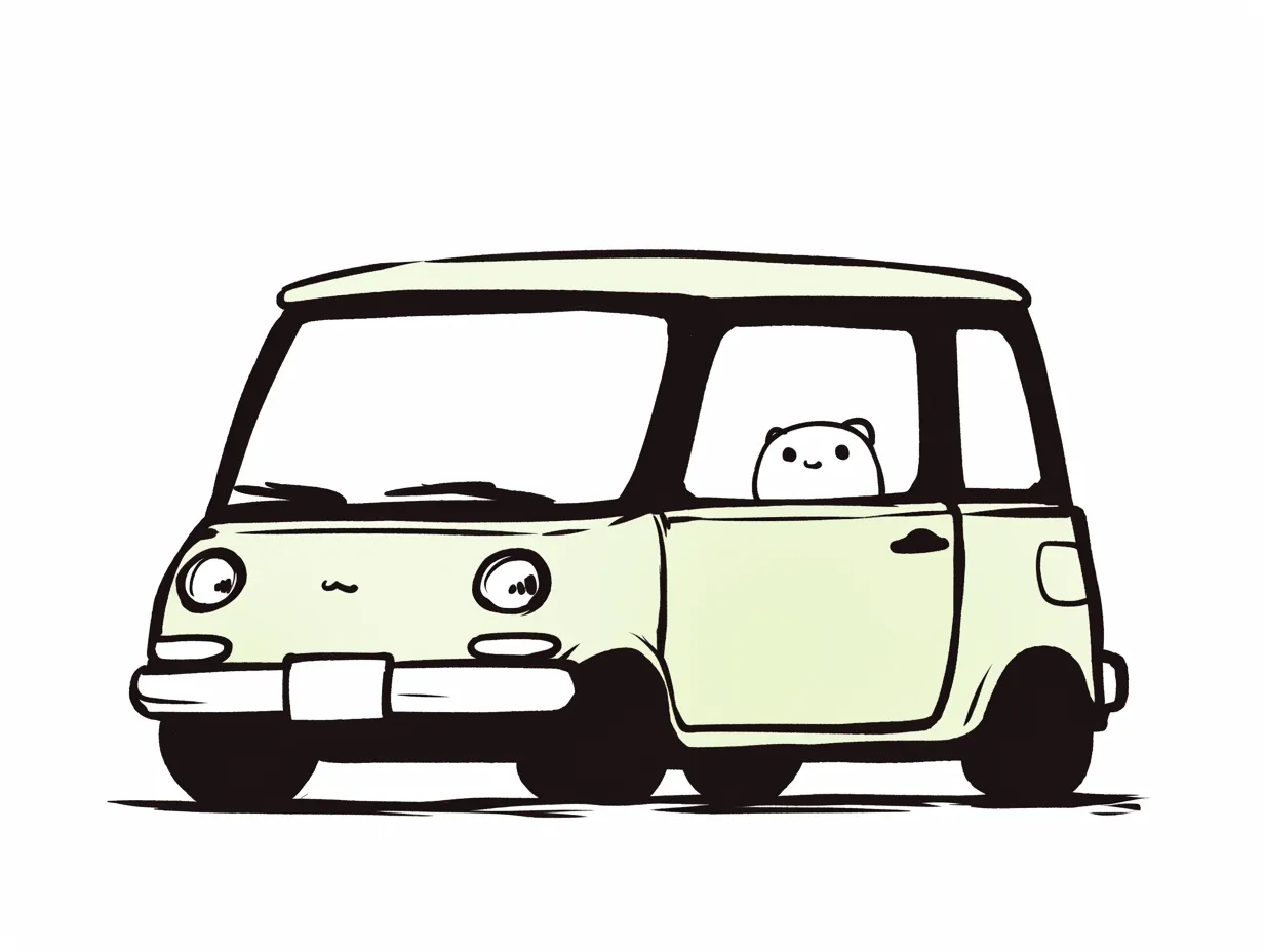 ゆるい車にクマが乗るイラスト素材3｜柔らかな配色と丸みを帯びたフォルムで描かれたゆるい車に、かわいいクマが座る様子を表現しています。温かみがあり、説明資料や広告に安心感と愛嬌を加えられるビジネスシーンに適したイラストです。