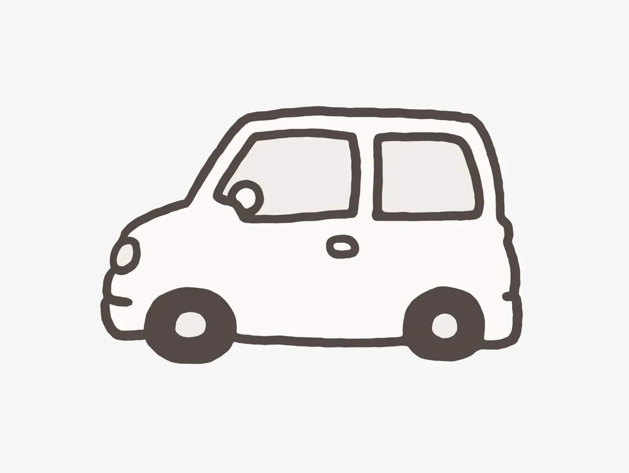 シンプル線画のゆるい車イラスト素材4｜余計な装飾を省いたシンプルな線で構成されたゆるい車のイラストです。色使いも控えめで落ち着いており、汎用性が高く幅広い資料に対応できます。視覚的にわかりやすく、ナチュラルな印象を与えます。