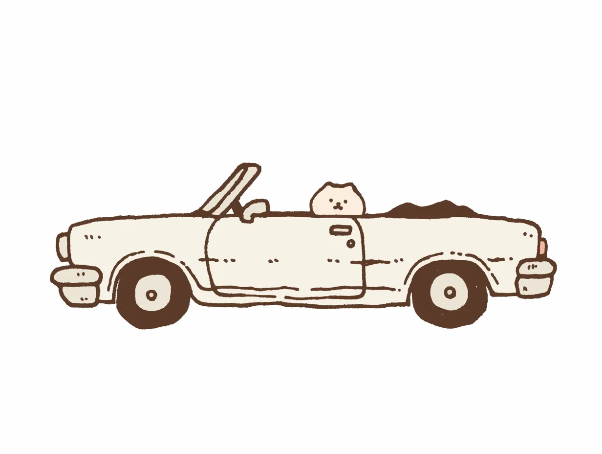 オープンタイプのゆるい車イラスト素材5｜線の強弱を活かして描かれたオープンタイプのゆるい車のイラストで、柔らかなタッチが特徴です。シンプルながらも可愛らしい雰囲気を醸し出し、遊び心を取り入れたいビジネス用途にぴったりです。