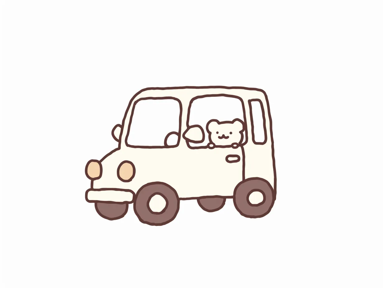ゆるい車にくまが乗るかわいい素材6｜四角いフォルムが特徴的なゆるい車に、くまのキャラクターが窓から顔を出すデザイン。イラスト全体がやさしい色合いでまとめられており、可愛らしさと安心感を演出するビジネス資料向け素材です。