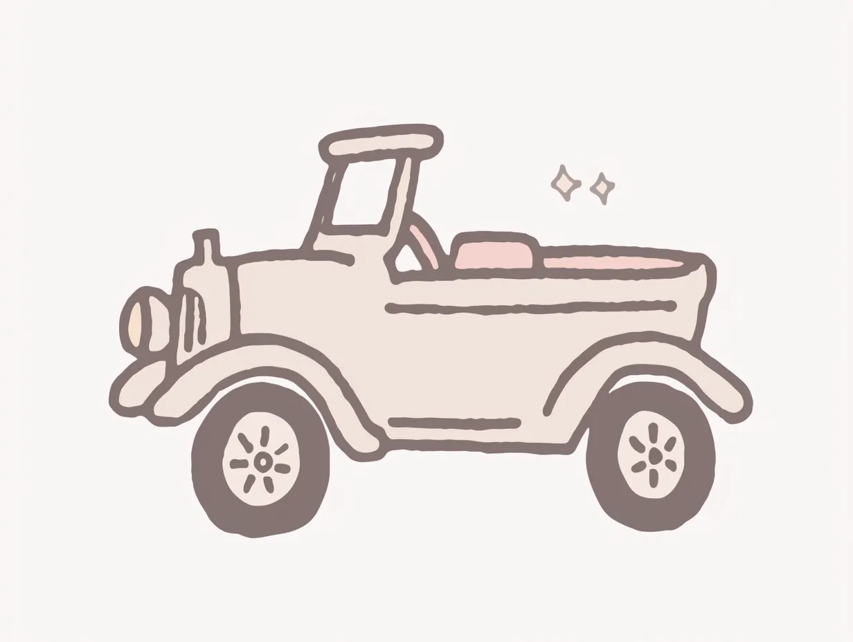 クラシック調のゆるい車イラスト素材7｜クラシックなデザインをモチーフにしたゆるい車のイラストで、線の丸みと柔らかい色合いが印象的です。レトロ感とかわいさを兼ね備えたタッチで、広告や装飾的な要素に活用しやすい素材です。