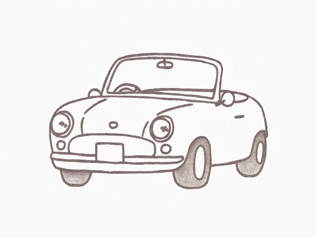 正面から描いたゆるい車イラスト素材8｜シンプルなペン描き風の線で正面を強調したゆるい車が描かれています。独特の柔らかさを持ち、カジュアルな資料やコンテンツに自然に溶け込む素材です。シンプルながらも味わいのある仕上がりです。