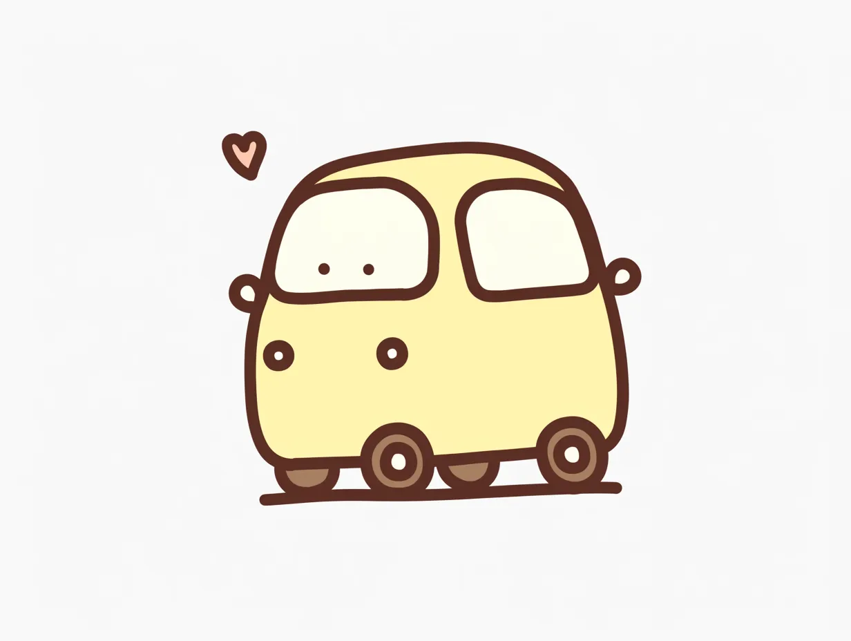 四角いフォルムのゆるい車イラスト素材9｜コンパクトで四角いフォルムが愛らしいゆるい車のイラストです。柔らかな曲線と明るい配色が組み合わさり、資料や広告に親しみやすさを与えます。かわいい雰囲気を演出するビジネス素材です。