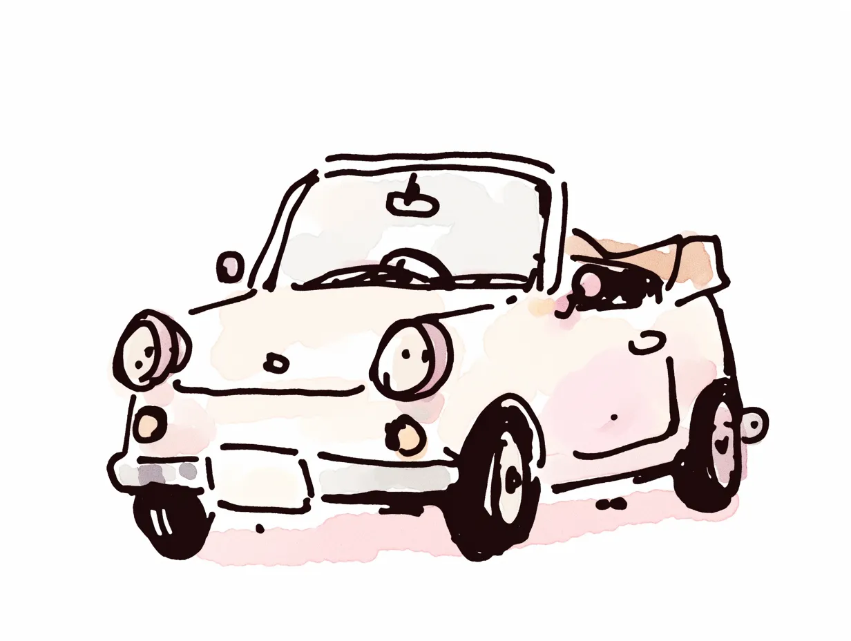 手描き風で描かれたゆるい車イラスト素材10｜ラフで水彩のようなタッチが特徴的なゆるい車のイラストです。淡い色味が温かい印象を持たせ、カジュアルでユーモラスな資料作成に適しています。手描き感が強く、親近感を与える表現です。