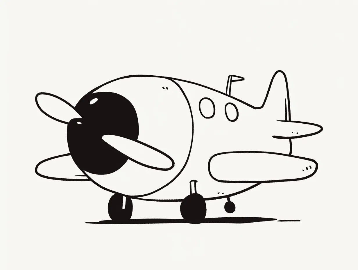 ゆるい飛行機のかわいいイラスト素材｜太いラインで描かれたゆるい飛行機のイラストです。シンプルな白黒デザインが特徴で、ビジネスシーンで使いやすく、資料やプレゼンで親しみやすさを演出する効果があります。