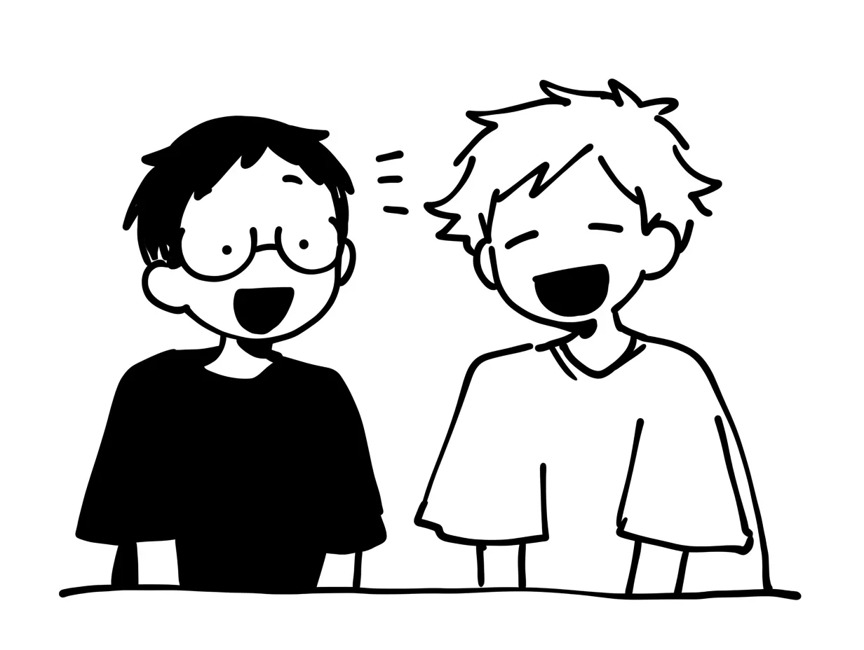 ゆるい人ふたりの笑顔のイラスト｜ラフな線で描かれた二人が楽しげに会話する姿は、親近感やコミュニケーションを象徴します。ゆるい人をテーマにした軽やかな表現は、交流や会話シーンの素材に適しています。