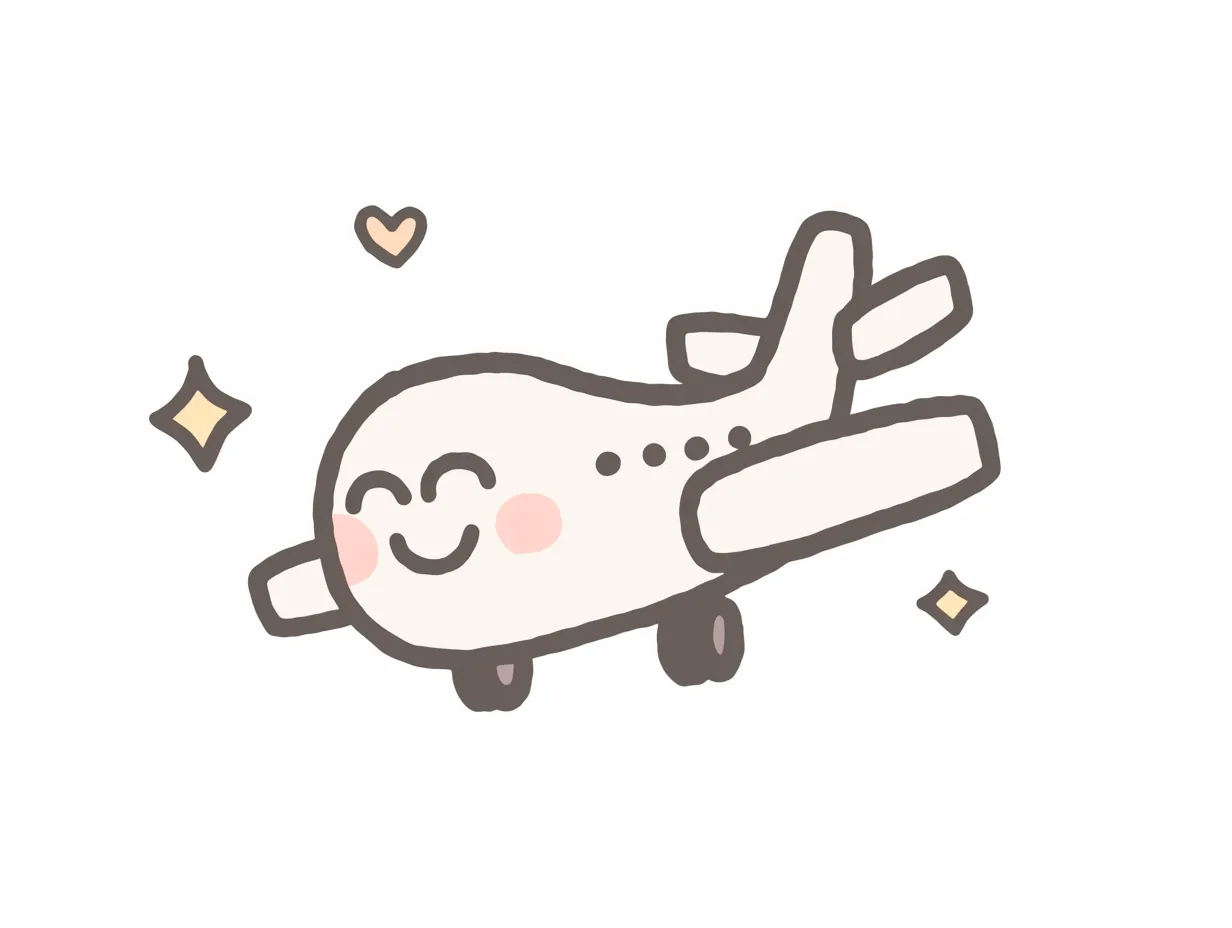 ゆるい飛行機のにっこりイラスト素材｜笑顔を浮かべた表情が印象的なゆるい飛行機のイラストです。柔らかい配色と可愛らしい雰囲気が、広告や子ども向けコンテンツに最適な印象を与えます。