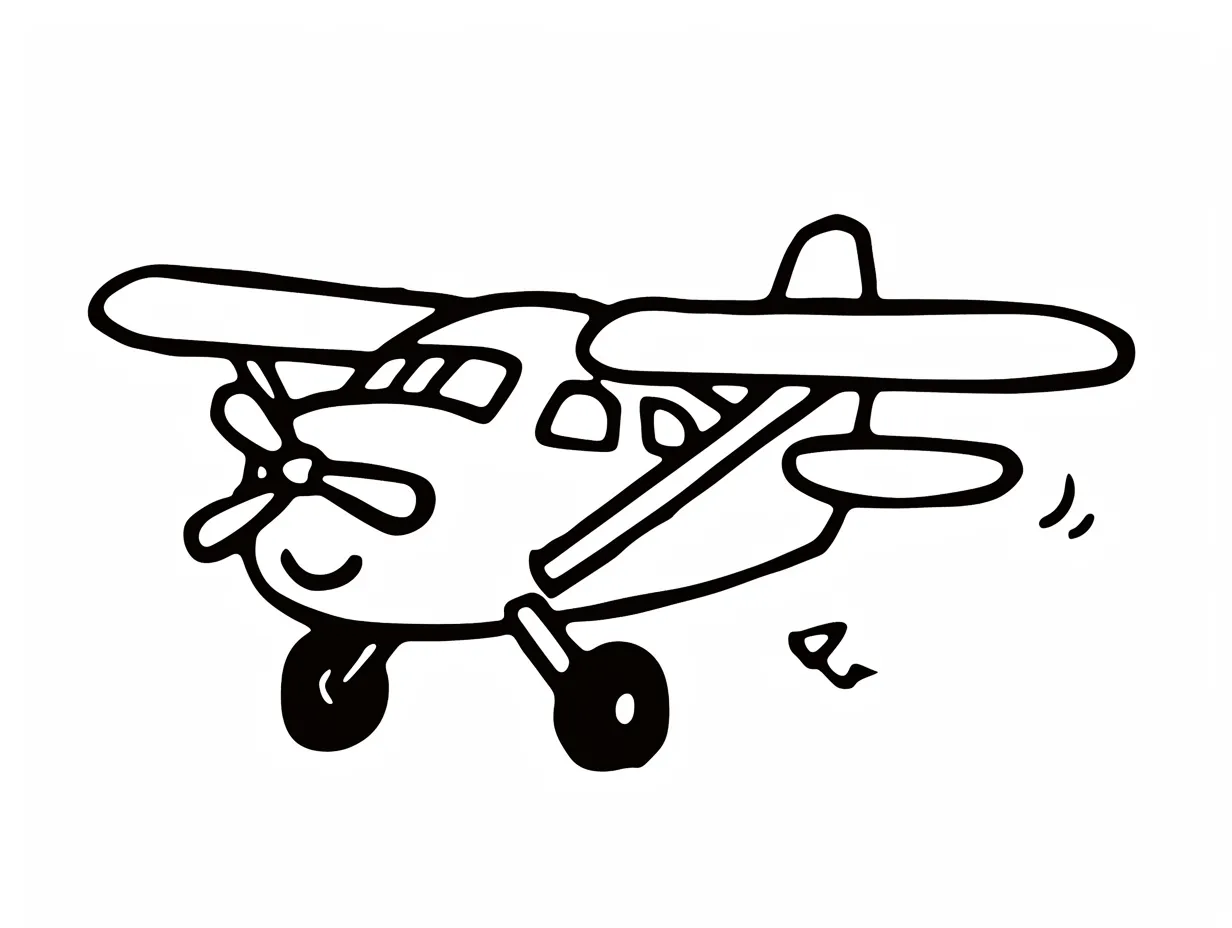 ゆるい飛行機のシンプル線画素材｜手描き風の線でまとめられたゆるい飛行機のイラストです。黒一色で構成されており、簡潔で親しみやすい雰囲気がビジネス資料や説明用ビジュアルに適しています。