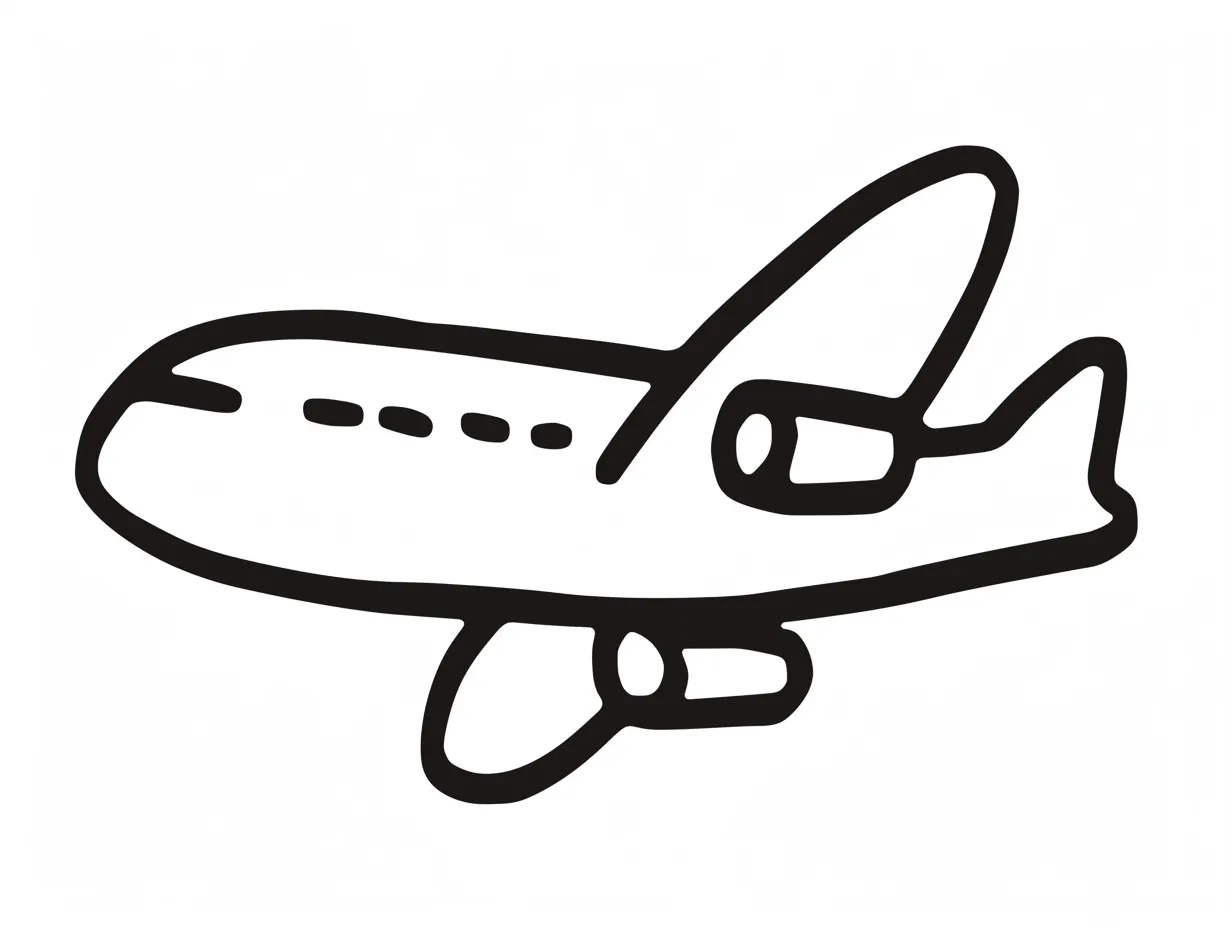 ゆるい飛行機のシンプルデザイン素材｜極めてシンプルなアウトラインで表現されたゆるい飛行機のイラストです。無駄のない形状が特徴で、汎用性が高く、幅広い用途に活用できるデザインになっています。