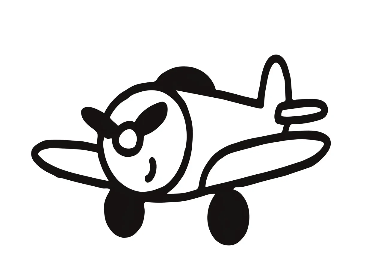 ゆるい飛行機のかわいい線画素材｜太めの線でデフォルメされたゆるい飛行機のイラストです。軽快でユーモラスな雰囲気があり、資料や広告に温かみを添える表現として活用できます。