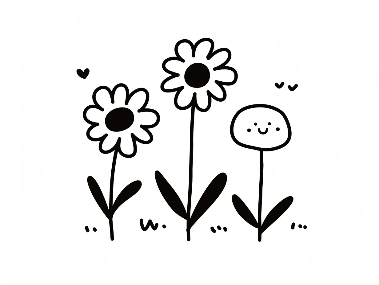 ゆるい手書きの花と笑顔の三輪｜シンプルな線で描かれた三輪の花と、顔のついた花が特徴的なデザインです。ゆるい手書きの花の温かみが伝わり、資料やSNSで柔らかい印象を与えるビジネス素材に適しています。