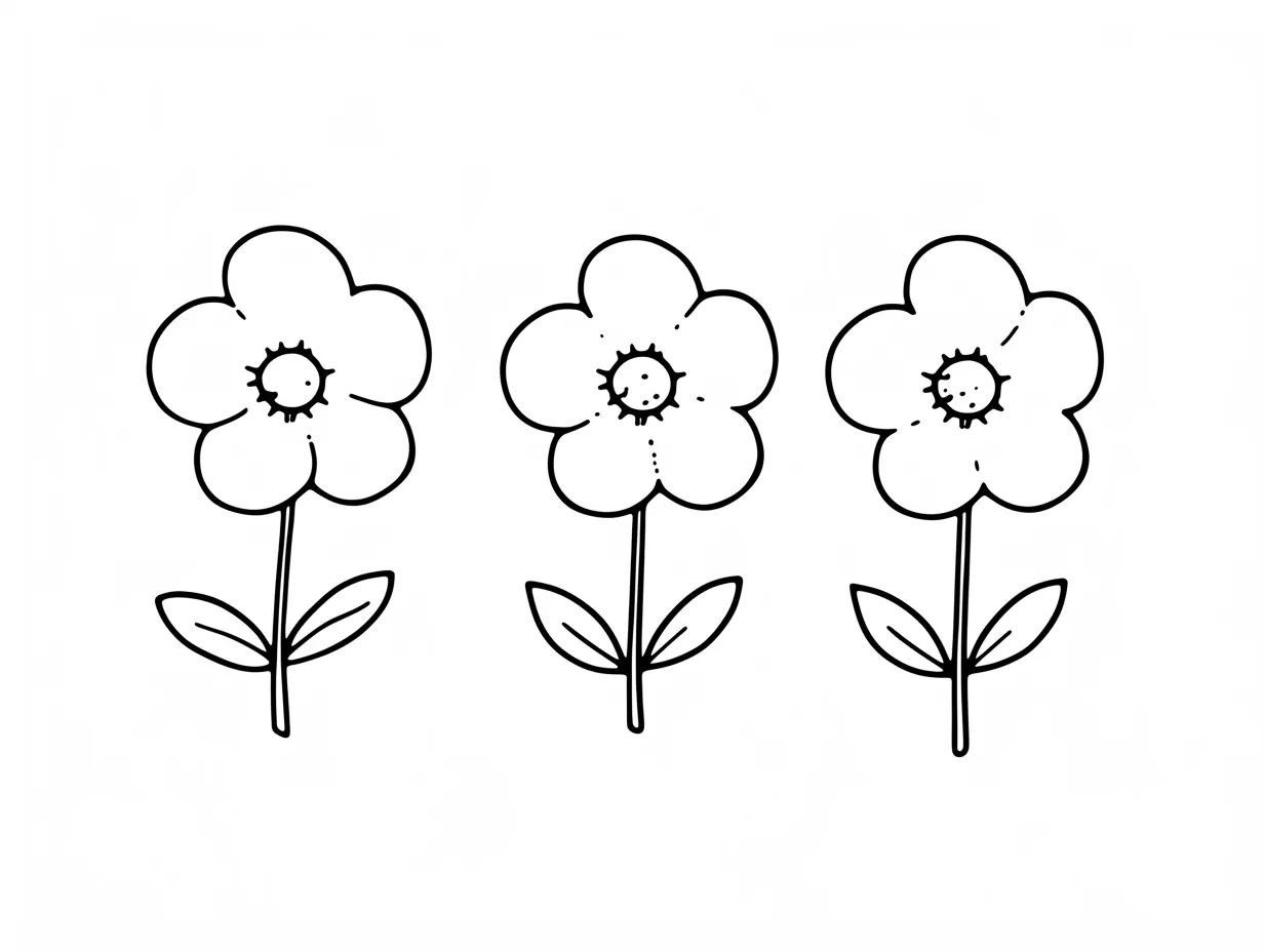 ゆるい手書きの花が並ぶ三つ｜均等に並んだ三つの花をシンプルな線で表現しています。無駄のない構図と素朴さが、プレゼン資料や広告において親しみやすさを演出できるゆるい手書きの花の特徴です。