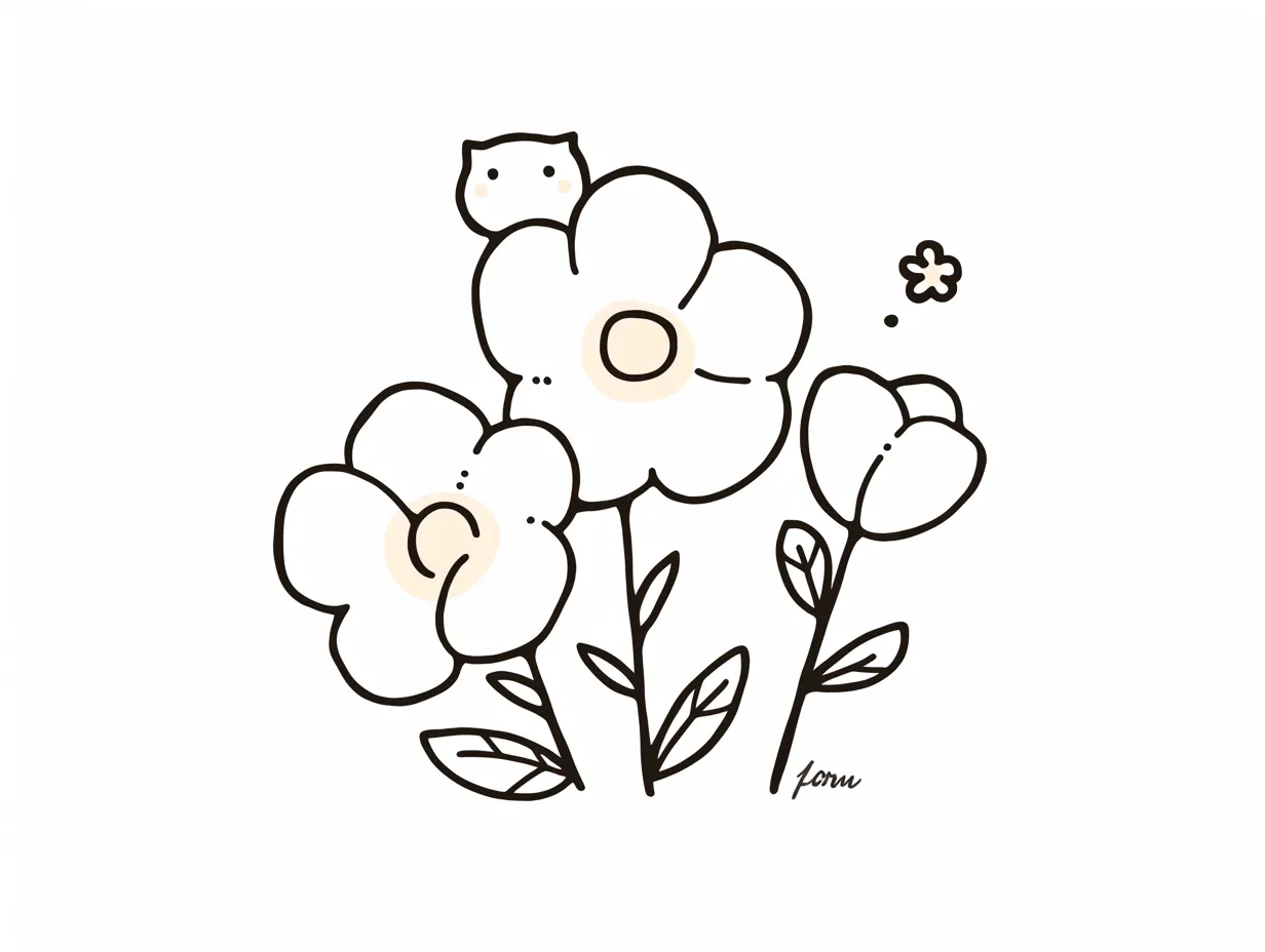 ゆるい手書きの花と小さな動物｜三輪の花の上に小さな動物が添えられており、可愛らしい遊び心が感じられます。柔らかい色合いとラフなタッチで表現されたゆるい手書きの花は、リラックスした雰囲気の素材に適しています。