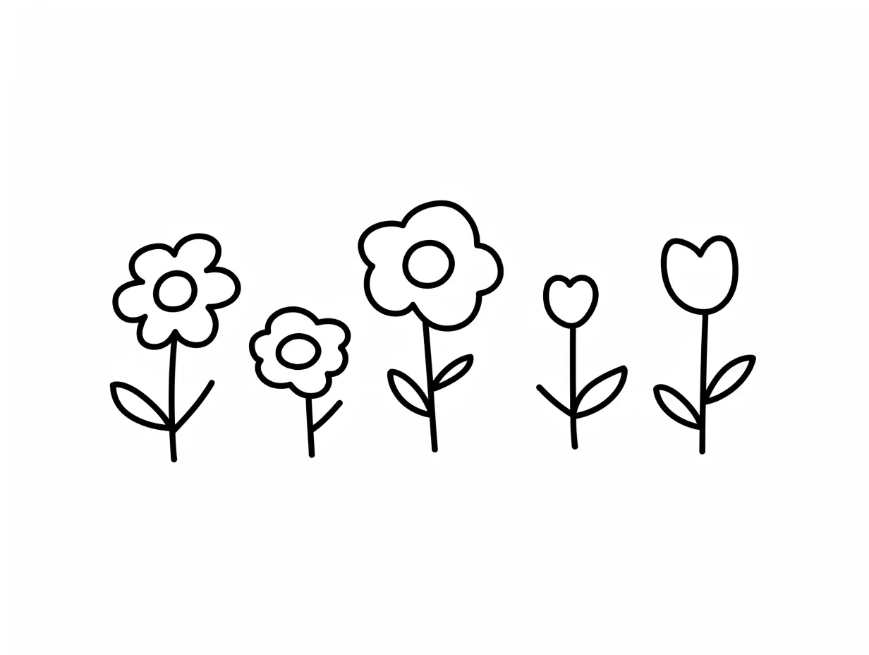 ゆるい手書きの花五つの列｜異なる形の五つの花が横並びに描かれた構成で、手書きの温もりを重視したスタイルです。ゆるい手書きの花のラインが優しく、教育用や説明資料に親しみを与える素材になります。