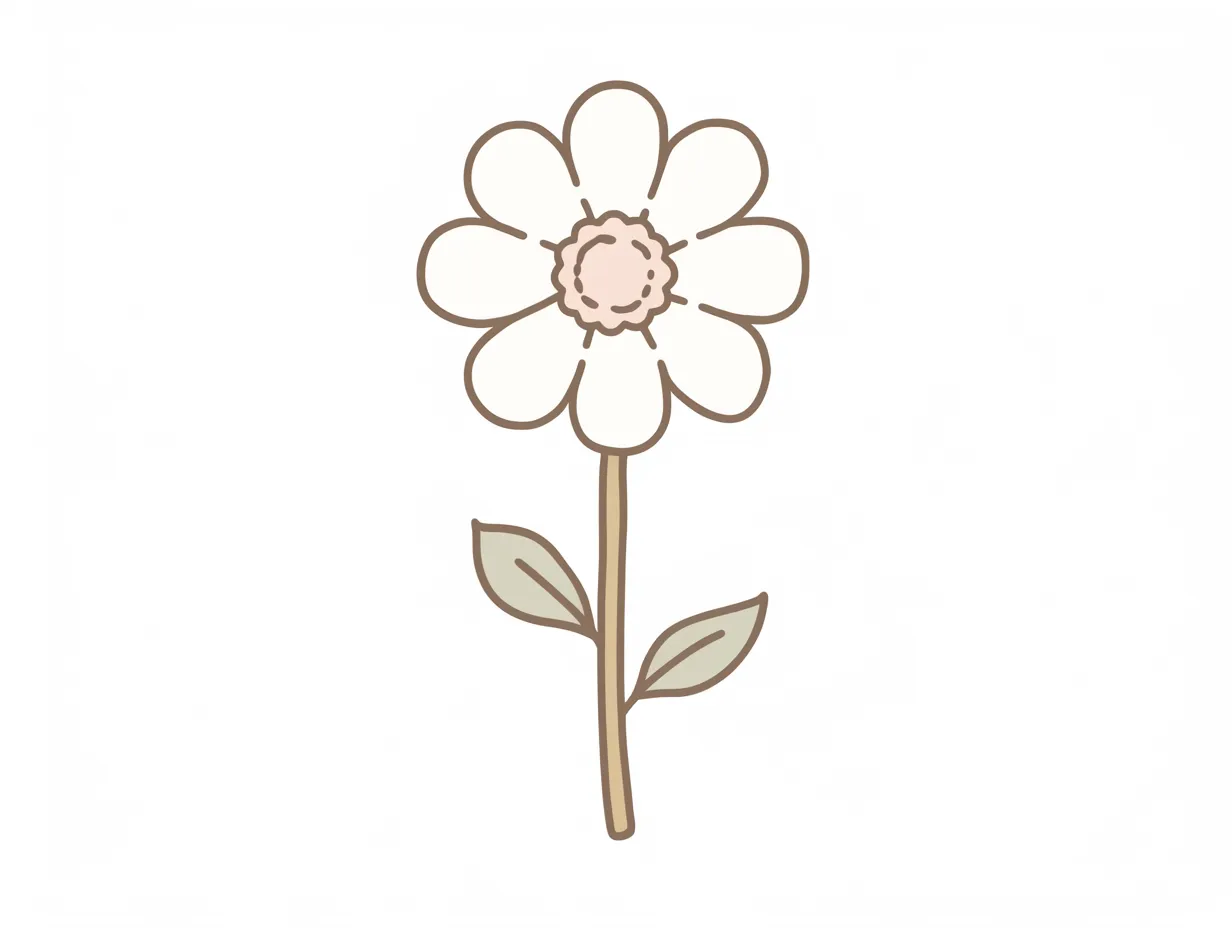 ゆるい手書きの花一輪のデザイン｜一輪の花を丁寧に描いた落ち着いた印象の作品です。葉や茎も含めてバランスよく構成され、ゆるい手書きの花のシンプルさが、ブランド用資料や装飾素材に活用しやすい仕上がりになっています。