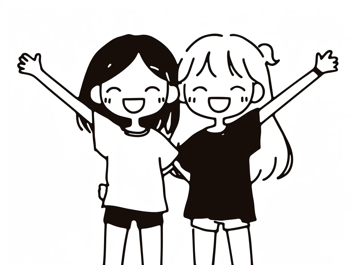 ゆるい人女子の元気なポーズ｜両手を広げた二人の女子が並ぶ構図は、ポジティブで開放的な雰囲気を演出します。ゆるい人のタッチが広告やイベント用素材として活用しやすいデザインです。