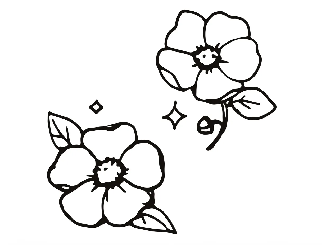 ゆるい手書きの花二輪の構図｜二輪の花を斜めに配置し、線画で表現したスタイルです。シンプルながらも花の存在感を強調しており、ゆるい手書きの花が与える親しみやすさが広告や説明資料の挿絵に役立ちます。