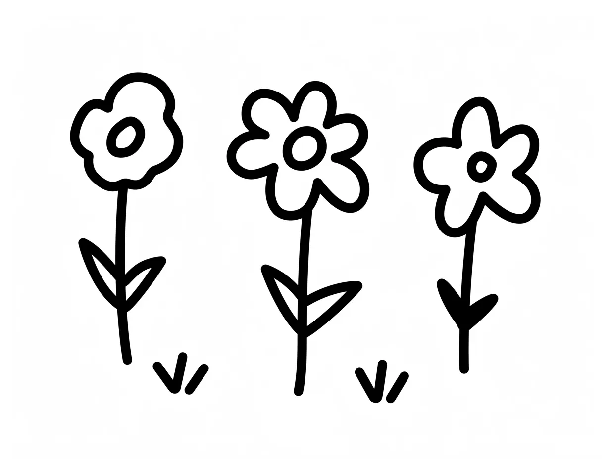ゆるい手書きの花三輪のイラスト｜三つの花が並んだラフな線画デザインで、丸みのある形が親しみを演出しています。ゆるい手書きの花のカジュアルさが資料やウェブ媒体に適し、柔らかい雰囲気を効果的に伝えます。