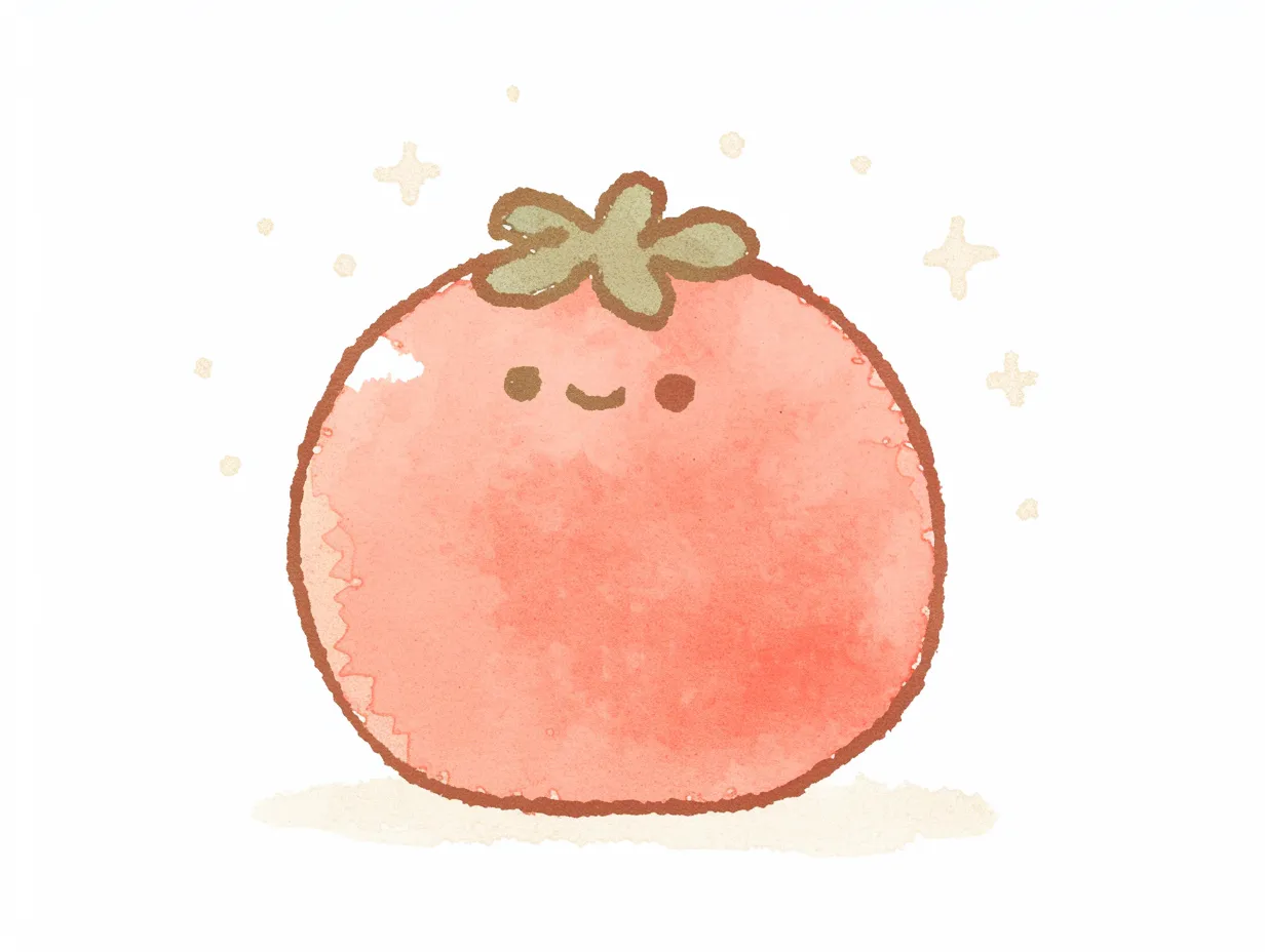 ゆるいトマトの丸みが際立つイラスト｜ふんわりとした色合いで描かれたゆるいトマトが中央に浮かび上がる構成。シンプルかつ優しいデザインで、商品イメージの背景や広告のアクセントに使えるビジネス写真素材として活用しやすい表現です。