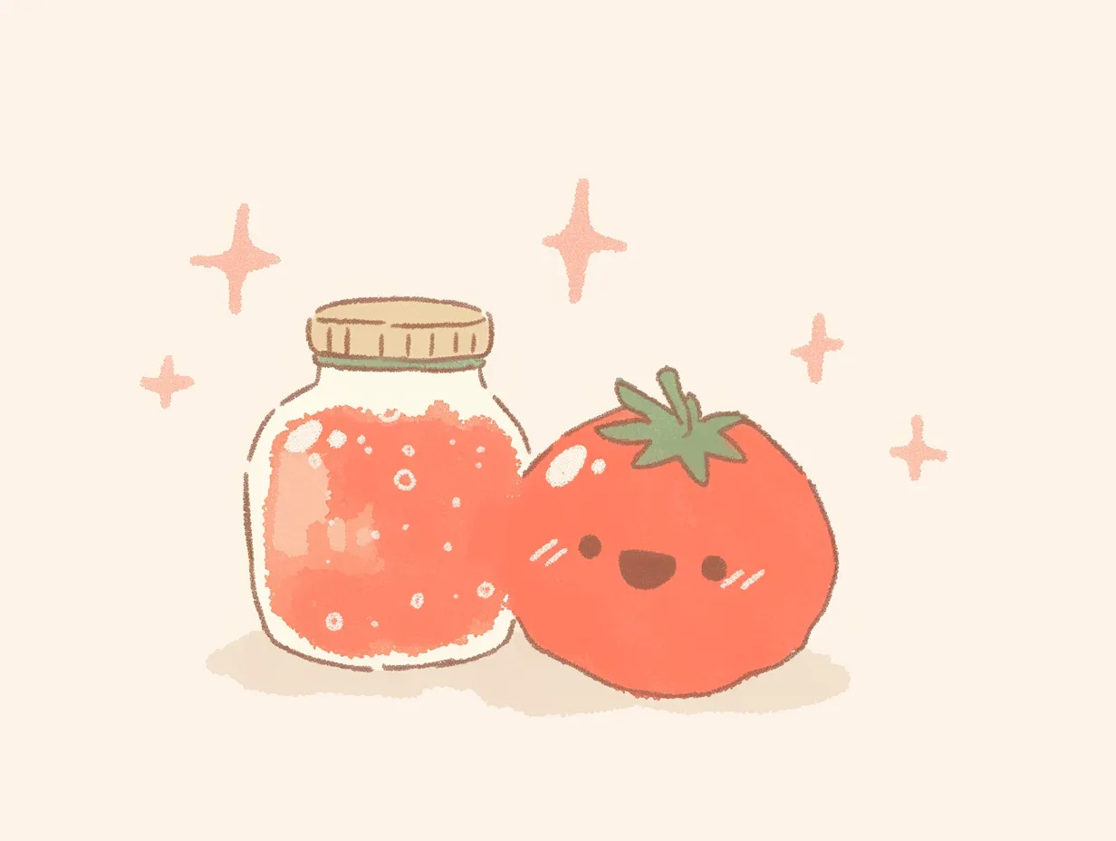 ゆるいトマトと瓶を並べたイラスト｜瓶と並んだゆるいトマトがやわらかい線と色合いで表現され、手描き風の温かみを感じさせるイラスト。商品紹介や販促用デザインに幅広く応用できる素材で、ビジネス利用に好適です。