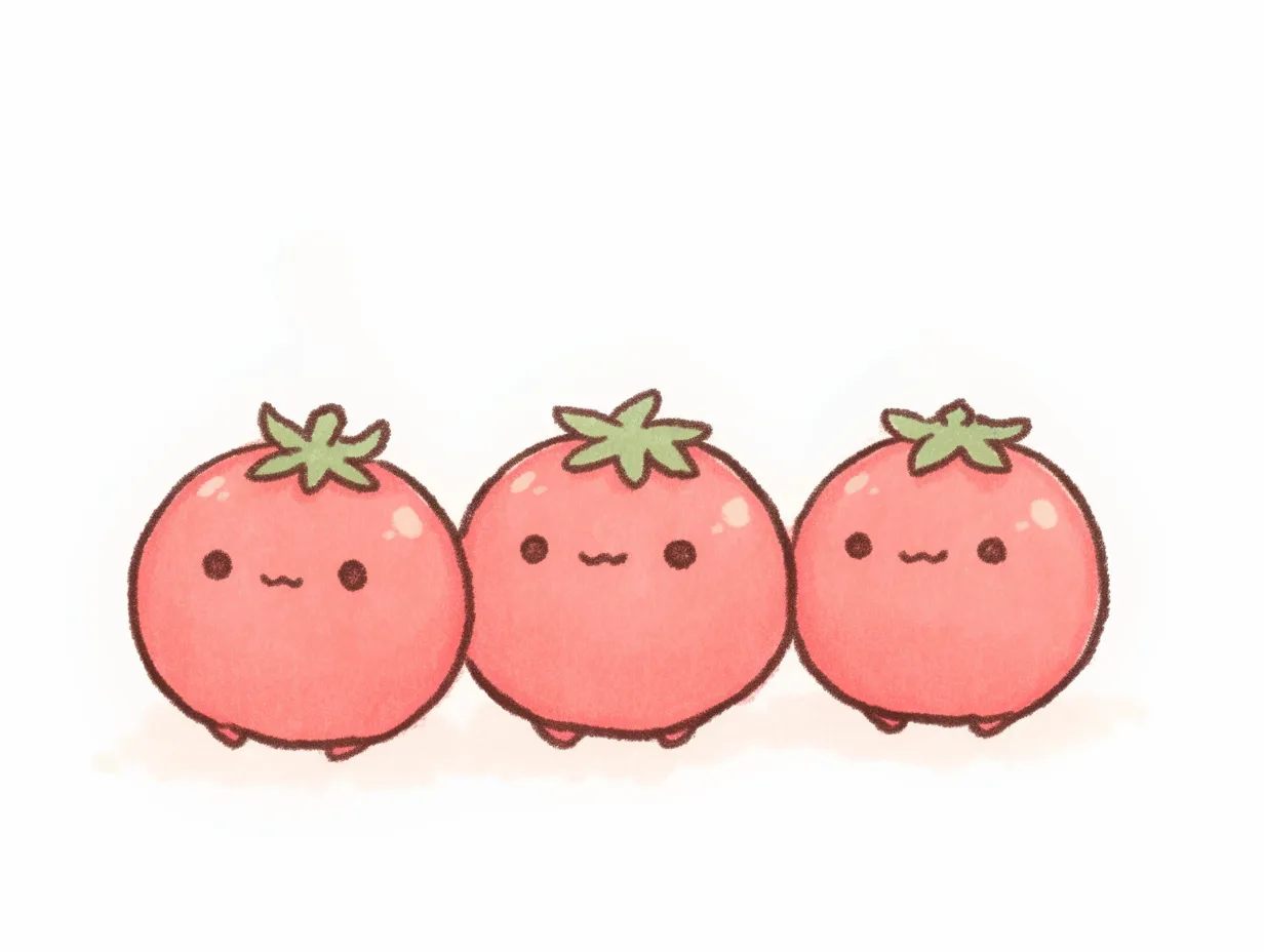 ゆるいトマトが並んだかわいいイラスト｜三つのゆるいトマトが並んで描かれた愛らしいデザイン。統一感のあるシンプルな構成で、親近感を引き出す表現は広告や資料用イラストとして効果的に使えるビジネス写真素材です。