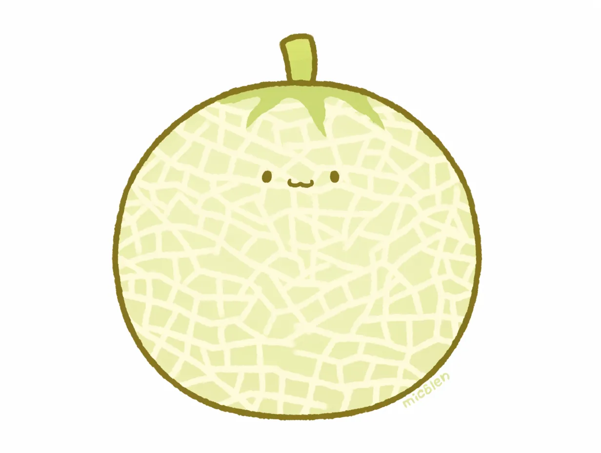 ゆるいメロンのかわいい丸い姿｜柔らかな線で描かれた丸い形のゆるいメロンが特徴的な素材です。ビジネス写真素材として、やさしく親しみやすい印象を演出できるため、食品関連の広告やPOPに活用しやすいデザインです。