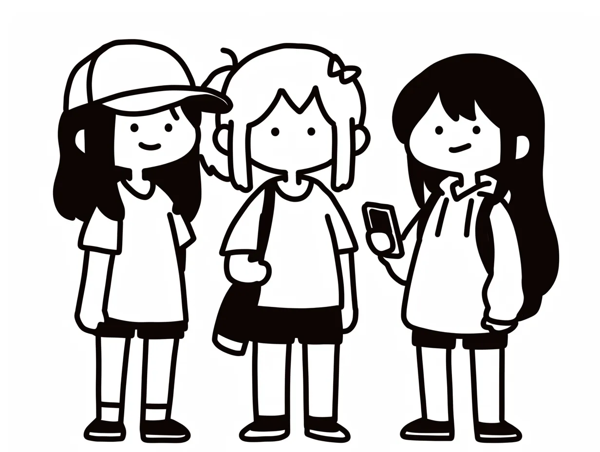 ゆるい人三人組のカジュアル立ち姿｜キャップやパーカーを着た三人の立ち姿が描かれ、日常感のあるシーンを表現しています。ゆるい人の柔らかな表現が、学生生活や仲間をテーマにした素材に最適です。