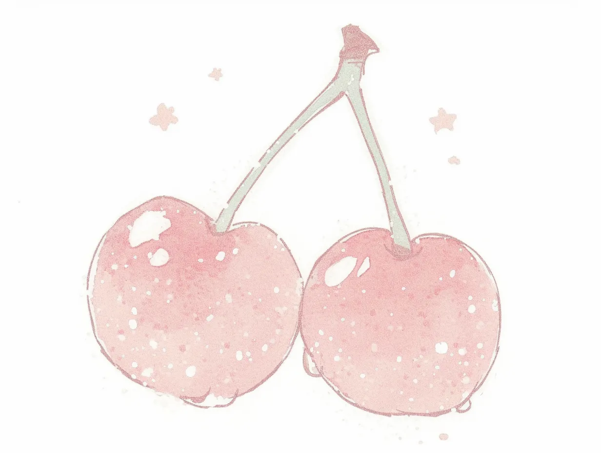 ゆるいさくらんぼの柔らかい水彩風イラスト｜淡い色調で描かれたゆるいさくらんぼが印象的な水彩タッチ。軽やかな雰囲気があり、商品紹介や広告デザインに自然な親しみやすさを添えるビジネス写真素材です。
