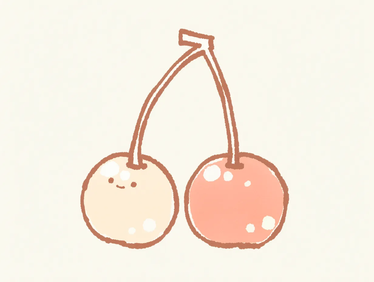 ゆるいさくらんぼの可愛らしい線画イラスト｜シンプルな輪郭と柔らかな色合いで表現されたゆるいさくらんぼ。素朴なタッチが親近感を演出し、資料やSNS投稿に使いやすいビジネス素材です。