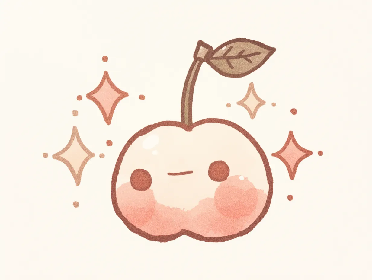ゆるいさくらんぼのきらめくかわいいイラスト｜輝きをまとった表情付きのゆるいさくらんぼ。あたたかみのあるデザインで、商品パッケージやチラシに楽しげな雰囲気を加えるビジネス写真素材です。