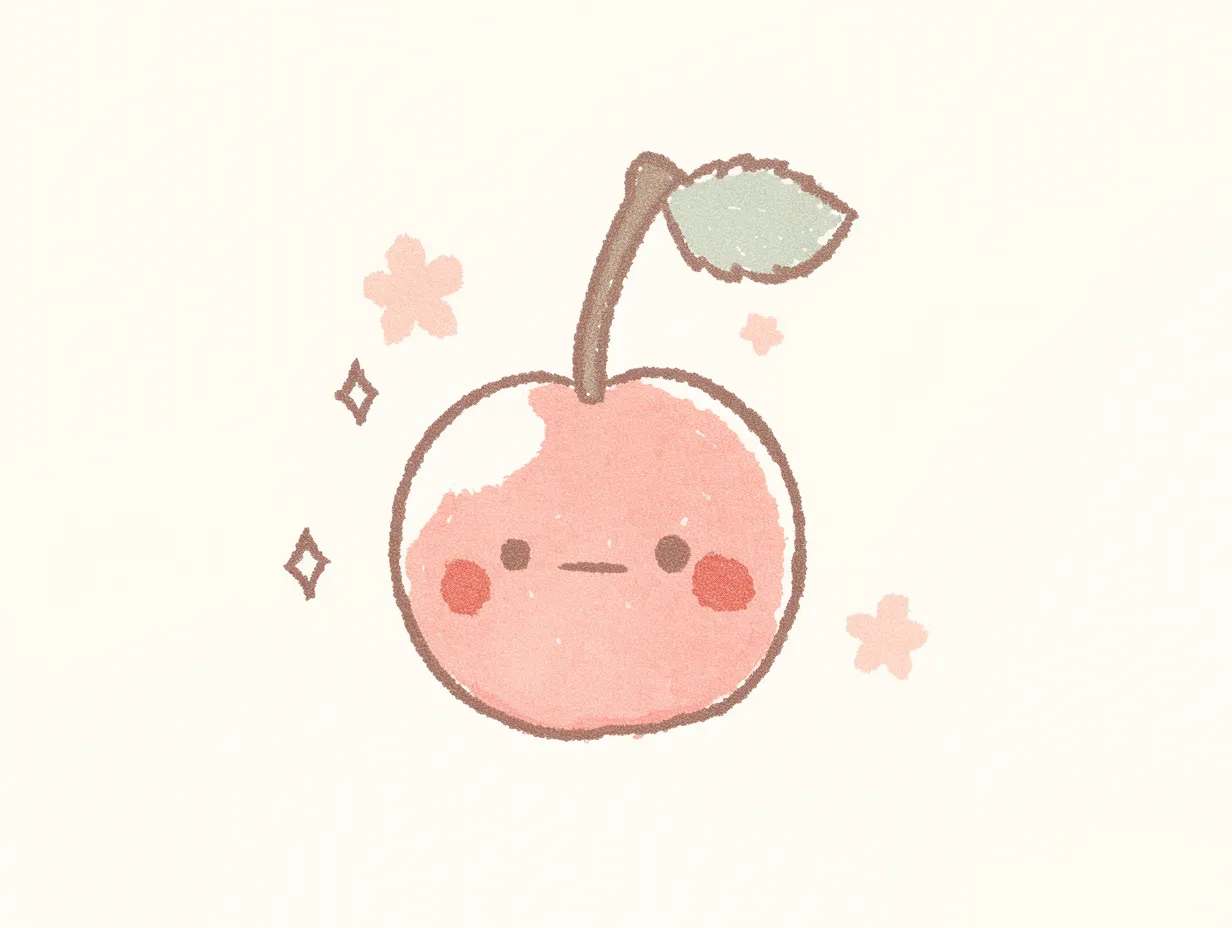 ゆるいさくらんぼのやさしい手描き風イラスト｜柔らかいタッチと優しい色彩で仕上げられたゆるいさくらんぼ。温もりを感じさせるデザインで、広告やブランドイメージの向上に役立つ素材です。