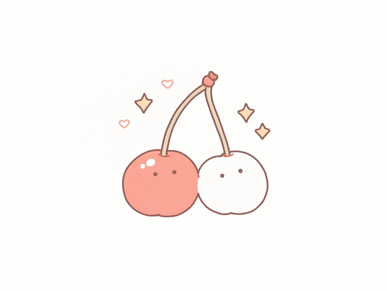 ゆるいさくらんぼのポップで楽しいイラスト｜対になったゆるいさくらんぼがシンプルに描かれた明快なデザイン。かわいらしく親しみやすい表現で、印刷物やウェブに効果的に使えるビジネス素材です。