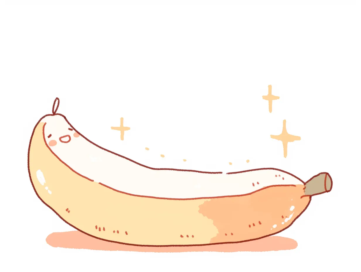 ゆるいバナナのやさしい手描き風イラスト｜柔らかい線と温かみのある色彩で描かれたゆるいバナナ。自然体な雰囲気が特徴で、広告やプレゼン資料に親しみやすさを与えるビジネス写真素材です。