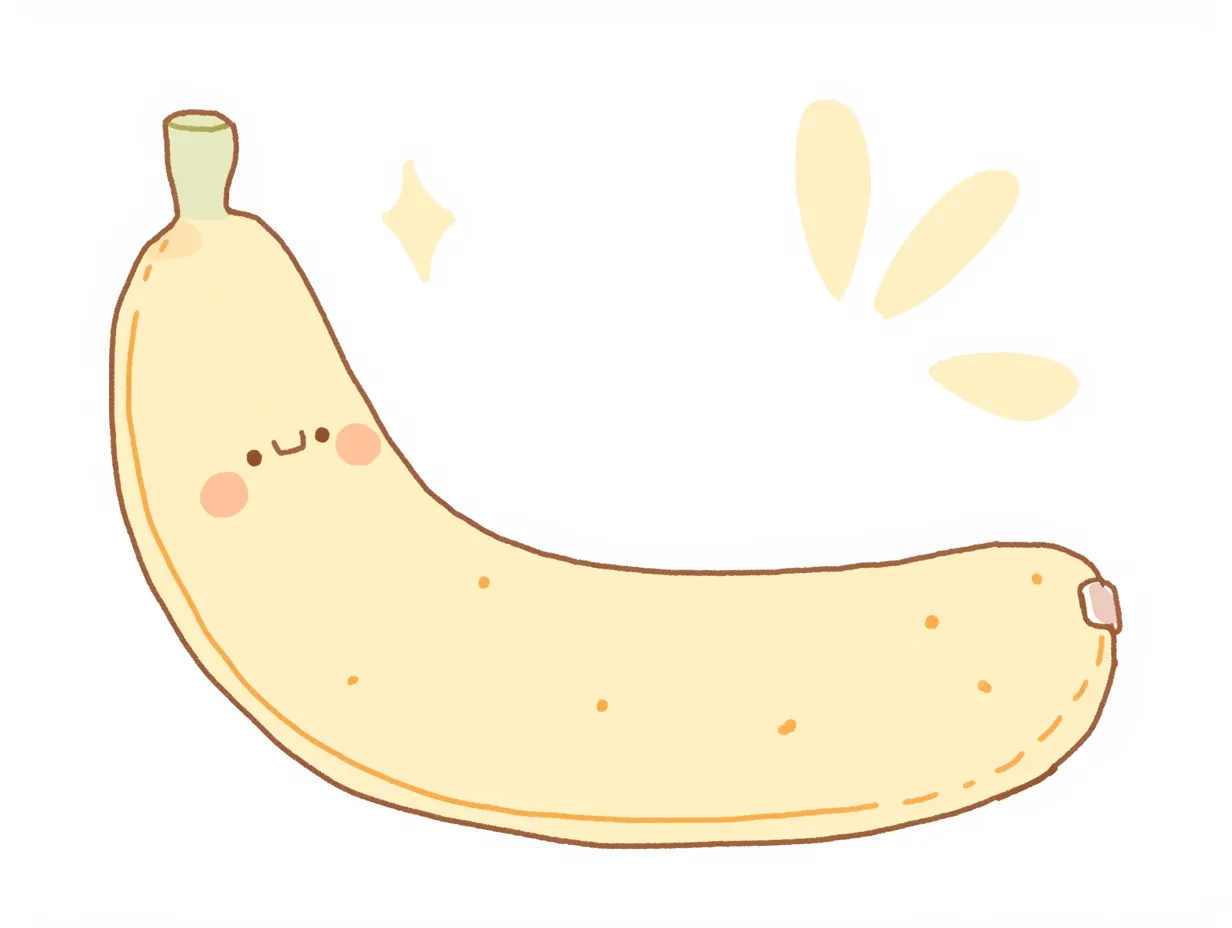 ゆるいバナナのかわいいシンプルイラスト｜最小限の線と淡い色合いで描かれたゆるいバナナ。無駄のないデザインで、アイコンや挿絵として多用途に使えるビジネス素材です。