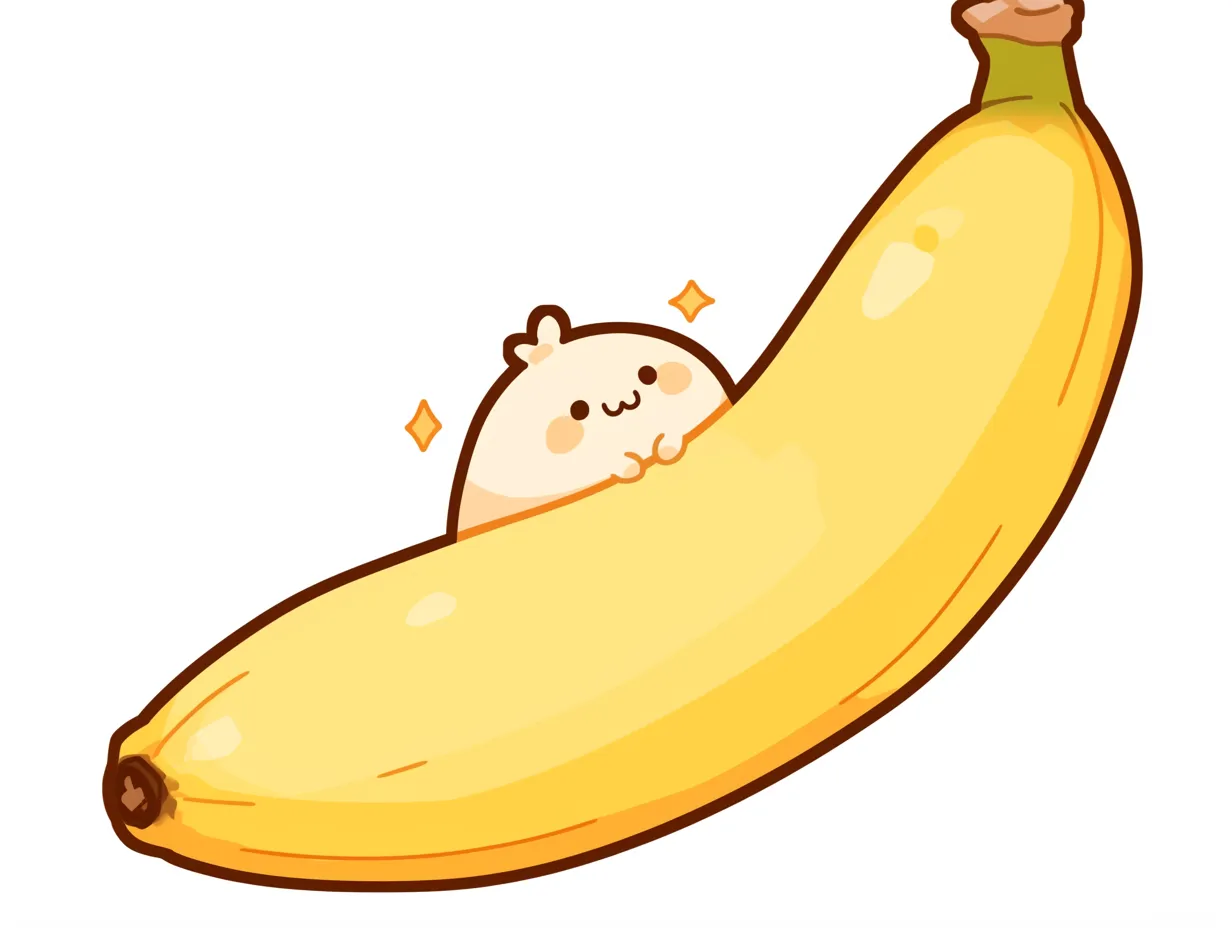 ゆるいバナナとキャラクターの楽しいイラスト｜キャラクターと一緒に描かれたゆるいバナナ。遊び心のある構成が印象的で、SNSや広告に使うことで視覚的な楽しさを演出できるビジネス素材です。