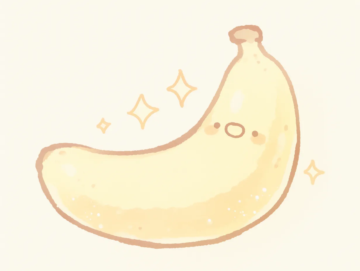 ゆるいバナナのきらめく優しいイラスト｜ふんわりと光沢感が表現されたゆるいバナナ。やさしい色合いと穏やかな雰囲気が、資料やウェブデザインに安心感を添えるビジネス写真素材です。